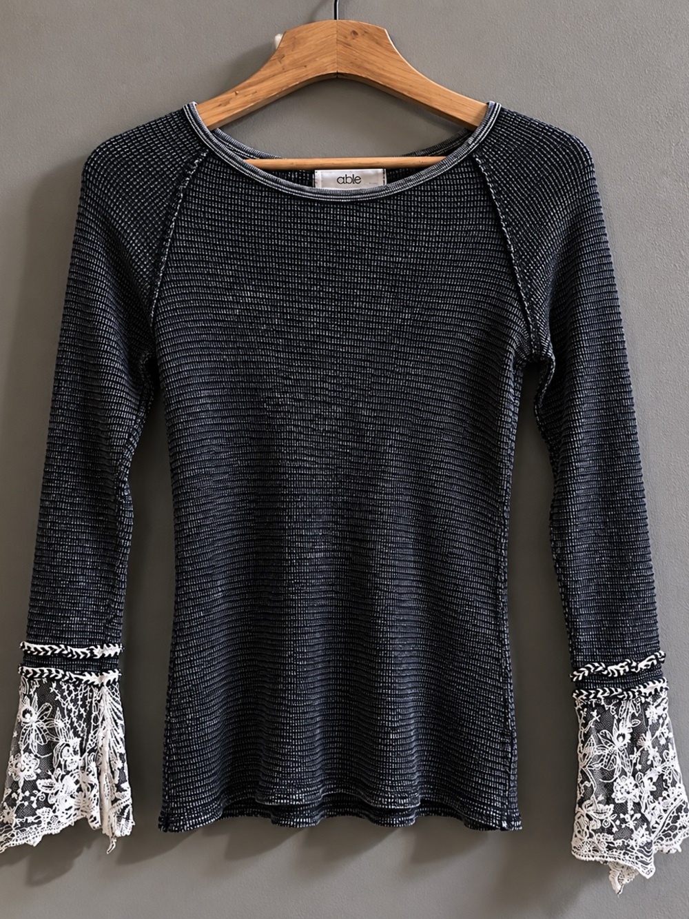 ABLE Waffle Knit Lace Cuff Top Women’s Small Gray Long Sleeve Boho Thermal Shirt